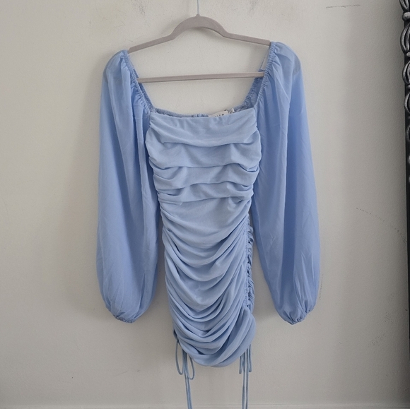 Hello Molly baby blue long balloon sleeve ruched mini bodycon dress nwt - Picture 7 of 11